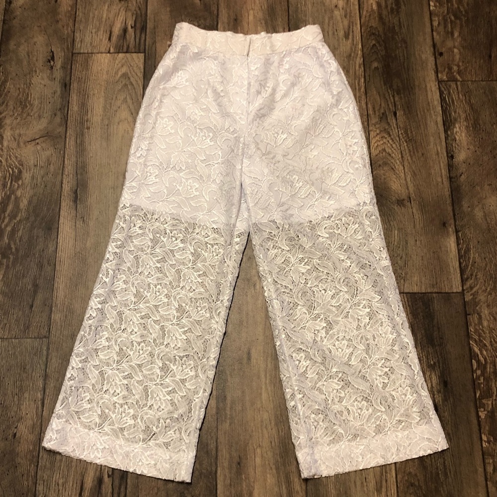 White Lace Wide Leg Dress Pants | Sheer Lace Elegant Bridal Resort Slacks | 5/6 - Picture 2 of 7